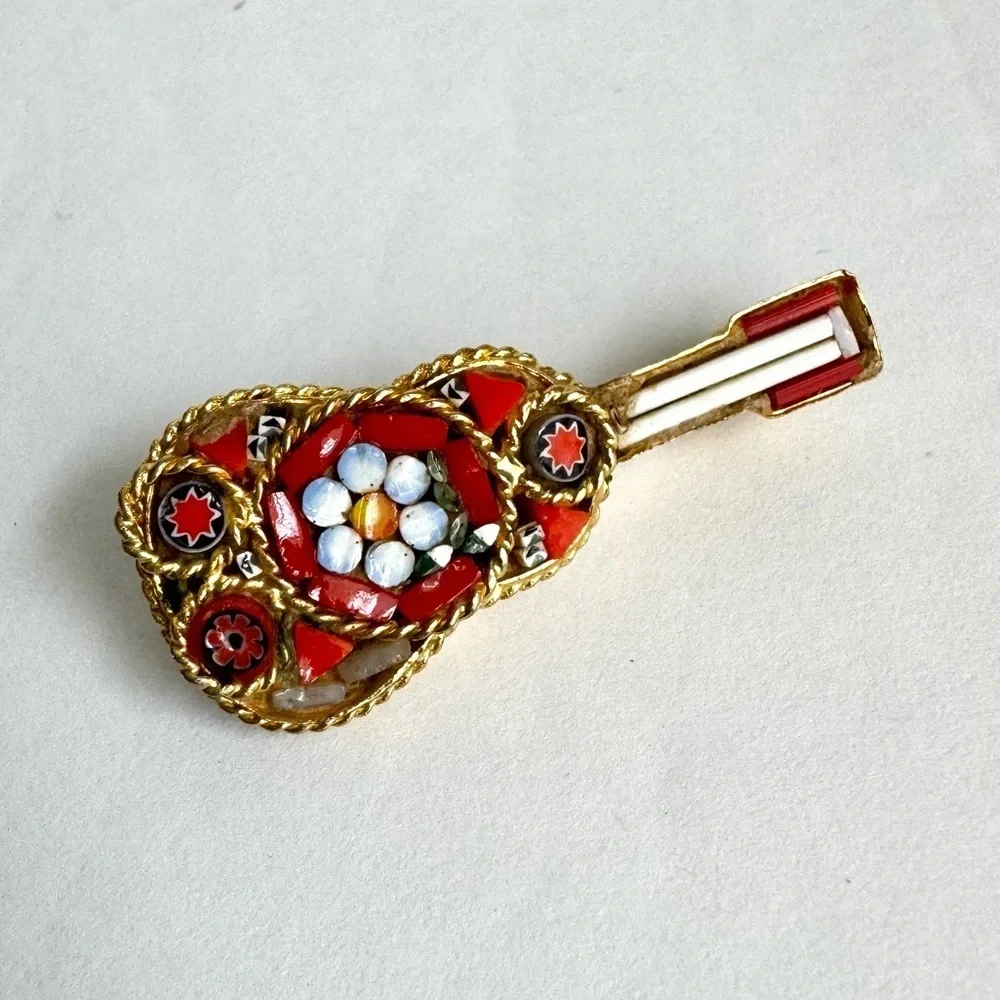 Vintage Micro Mosaic Guitar Brooch‎ Mandolin Instrument Pin Italy Italian Glass